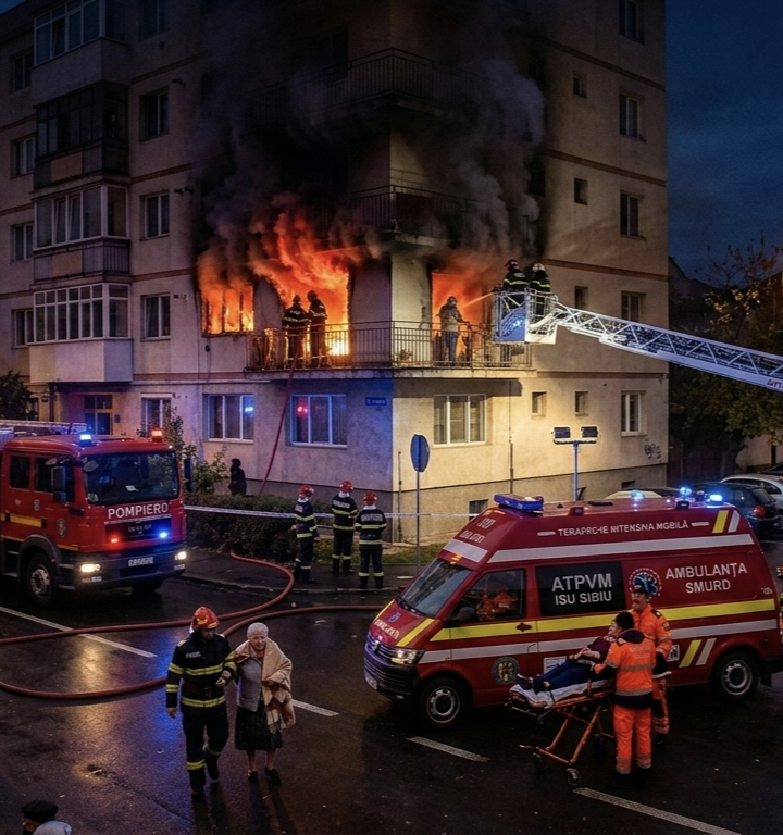 Incendiu violent într-un bloc din Sibiu. Aproximativ 50 de persoane evacuate de urgență de pe strada Siretului
